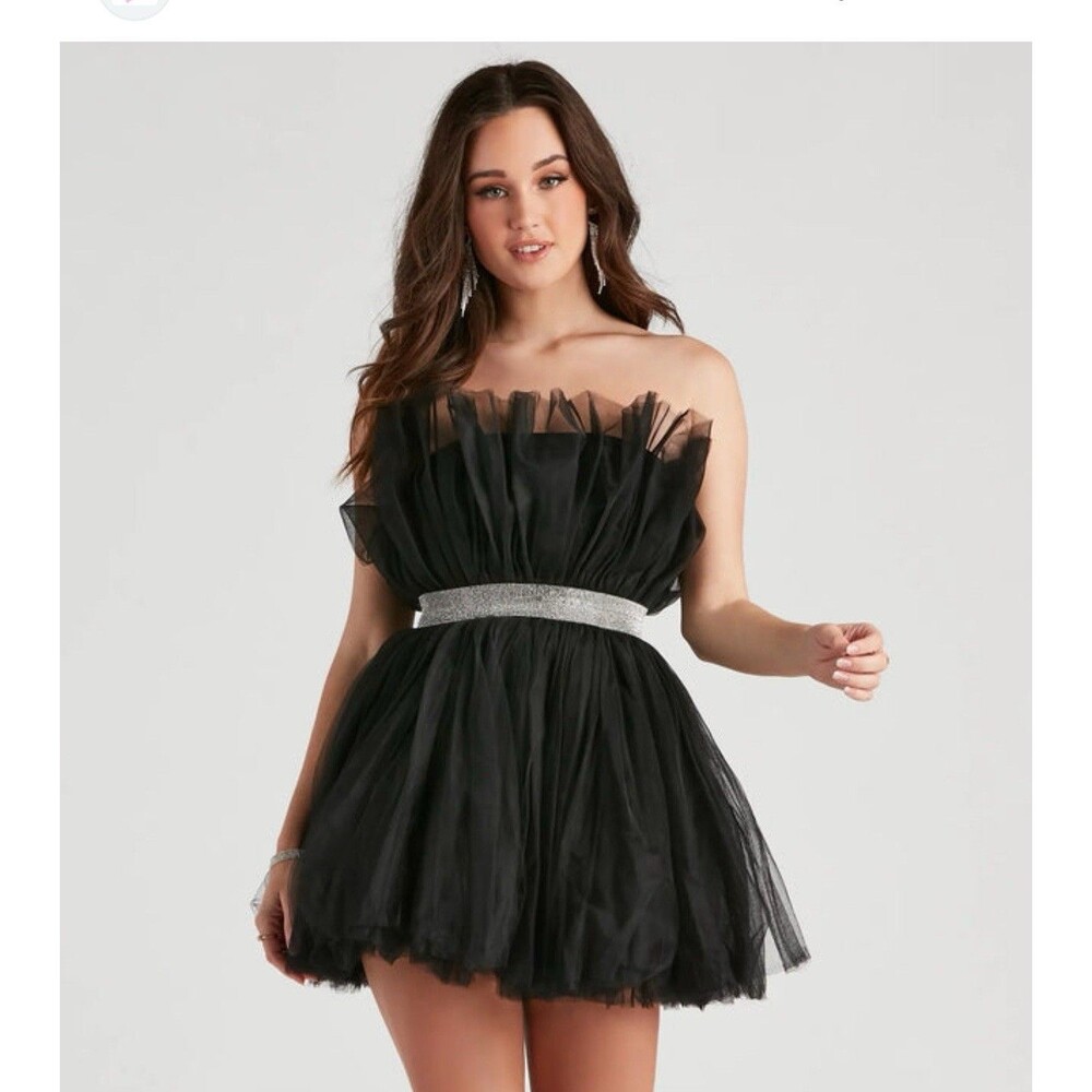 MABLE Karina Tulle Rhinestone Belt Mini Cocktail Party Dress Black Medium